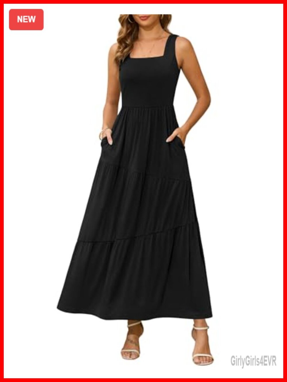 Sleeveless Square Neck Tiered Maxi Sundress with Pockets